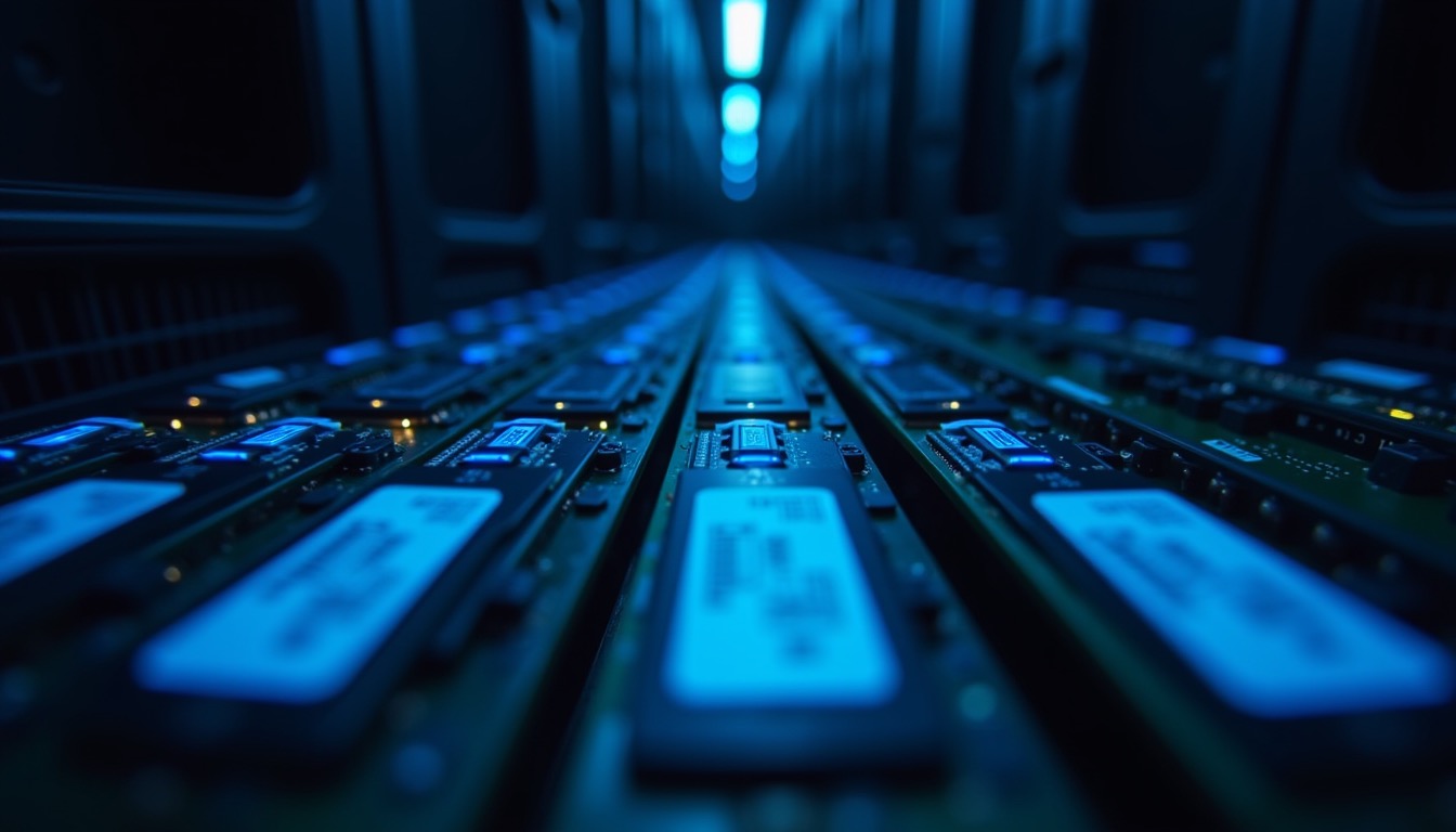 Barrettes RAM dans un datacenter, éclairage bleu froid