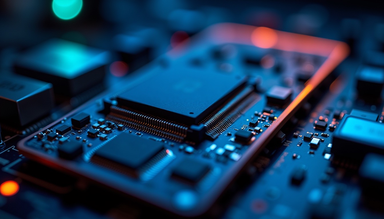 Puce mémoire de smartphone en macro, éclairage dramatique bleu et orange