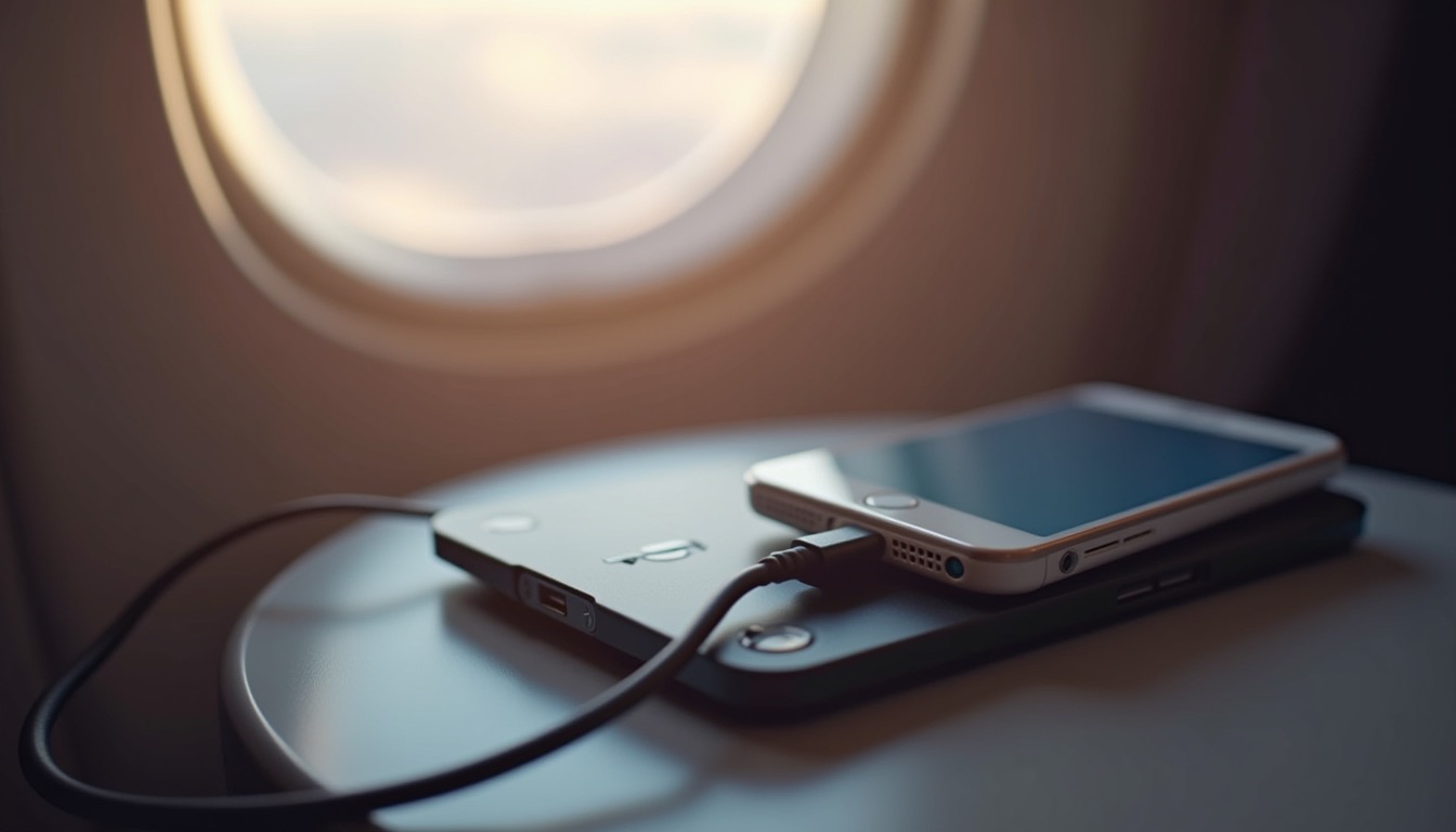 Batterie externe en charge sur une tablette d'avion
