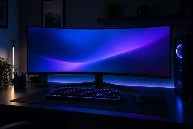 Poste de jeu avec ecran incurve et eclairage colore