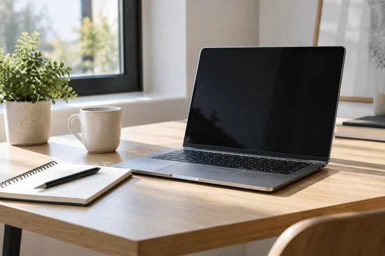 Ordinateur portable ouvert sur un bureau clair