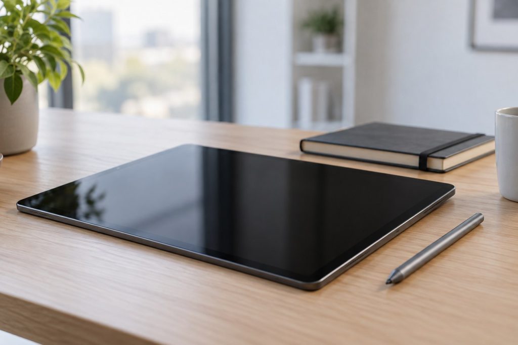 Une tablette ecran eteint posee sur un bureau en bois avec un stylet fin a cote