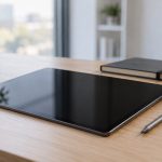 Stylet pour tablette : comment choisir le bon modèle selon votre usage Une tablette ecran eteint posee sur un bureau en bois avec un stylet fin a cote