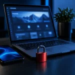 Ordinateur portable et smartphone sur un bureau sombre, avec un cadenas rouge au premier plan