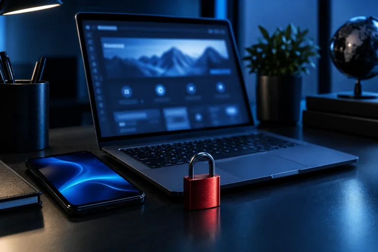 Ordinateur portable et smartphone sur un bureau sombre, avec un cadenas rouge au premier plan