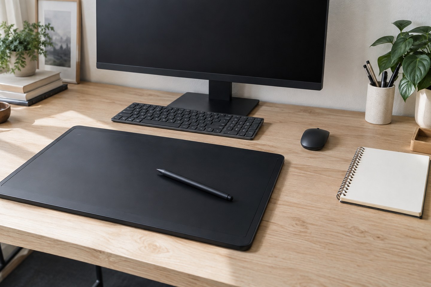 Pavé graphique sans écran posé devant un grand moniteur éteint, sur un bureau d'illustration en bois clair