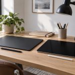 Tablette pour dessiner : quelle dalle et quel budget Bureau de création en bois clair avec un pavé graphique sans écran et une tablette tactile éteinte, entourés de leurs stylets