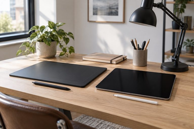 Bureau de création en bois clair avec un pavé graphique sans écran et une tablette tactile éteinte, entourés de leurs stylets
