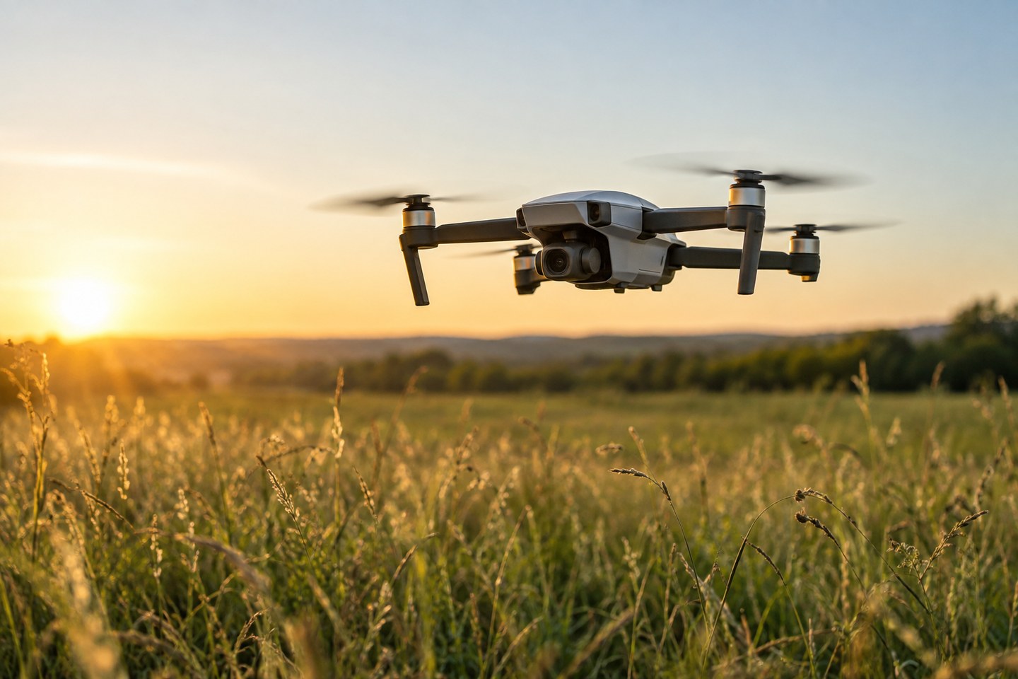Petit drone générique en vol stationnaire au-dessus d'une prairie d'herbes hautes, lueur dorée de fin de journée