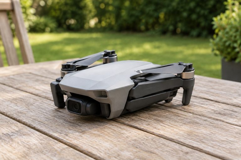 Petit drone quadricoptère générique posé sur une table en bois clair, pelouse verte floue en arrière-plan, lumière naturelle de matinée