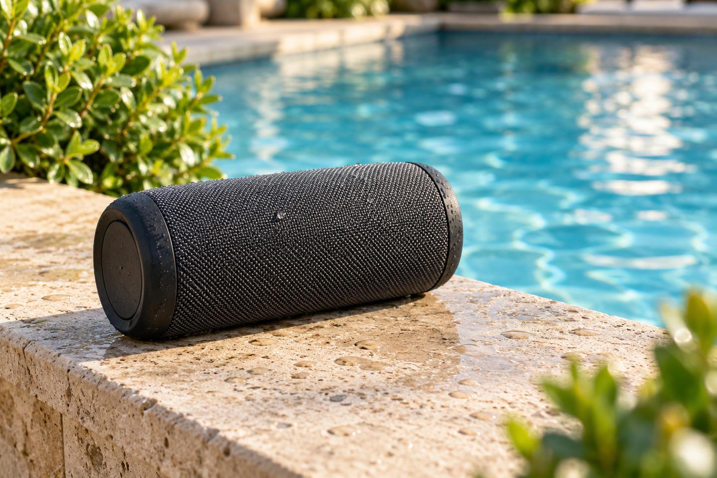 Enceinte Bluetooth portable générique couverte de fines gouttelettes d'eau, posée sur le rebord en pierre claire d'une terrasse au bord d'une piscine