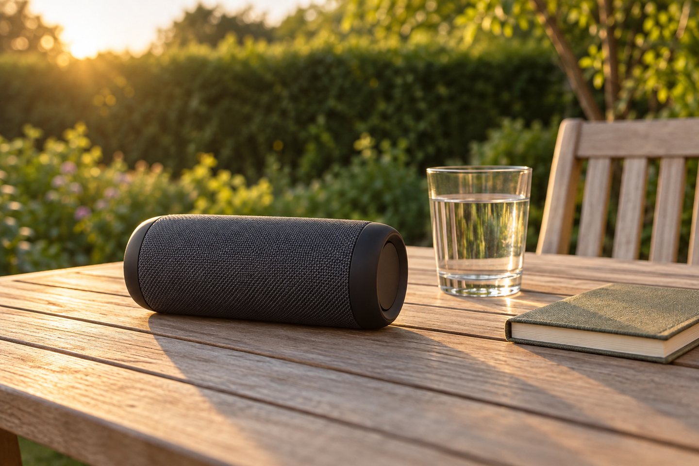 Enceinte Bluetooth portable générique posée sur une table de jardin en bois, devant un verre d'eau et un carnet fermé, lumière dorée de fin de journée