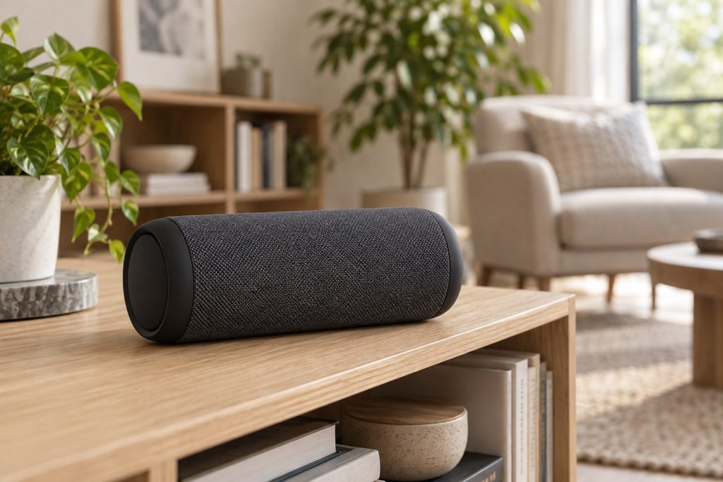 Enceinte Bluetooth portable générique à grille textile anthracite posée sur une étagère basse en bois clair dans un salon lumineux, plante verte et fauteuil beige en arrière-plan flou