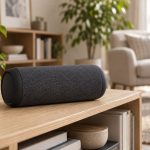 Enceinte Bluetooth portable générique à grille textile anthracite posée sur une étagère basse en bois clair dans un salon lumineux, plante verte et fauteuil beige en arrière-plan flou