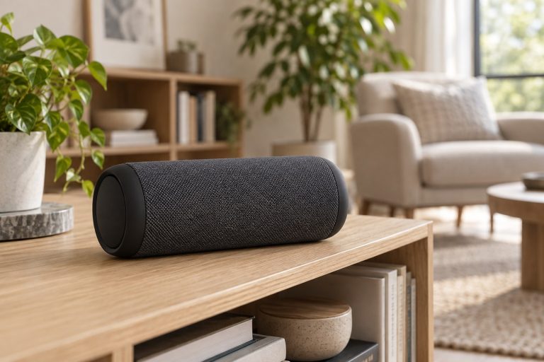 Enceinte Bluetooth portable générique à grille textile anthracite posée sur une étagère basse en bois clair dans un salon lumineux, plante verte et fauteuil beige en arrière-plan flou