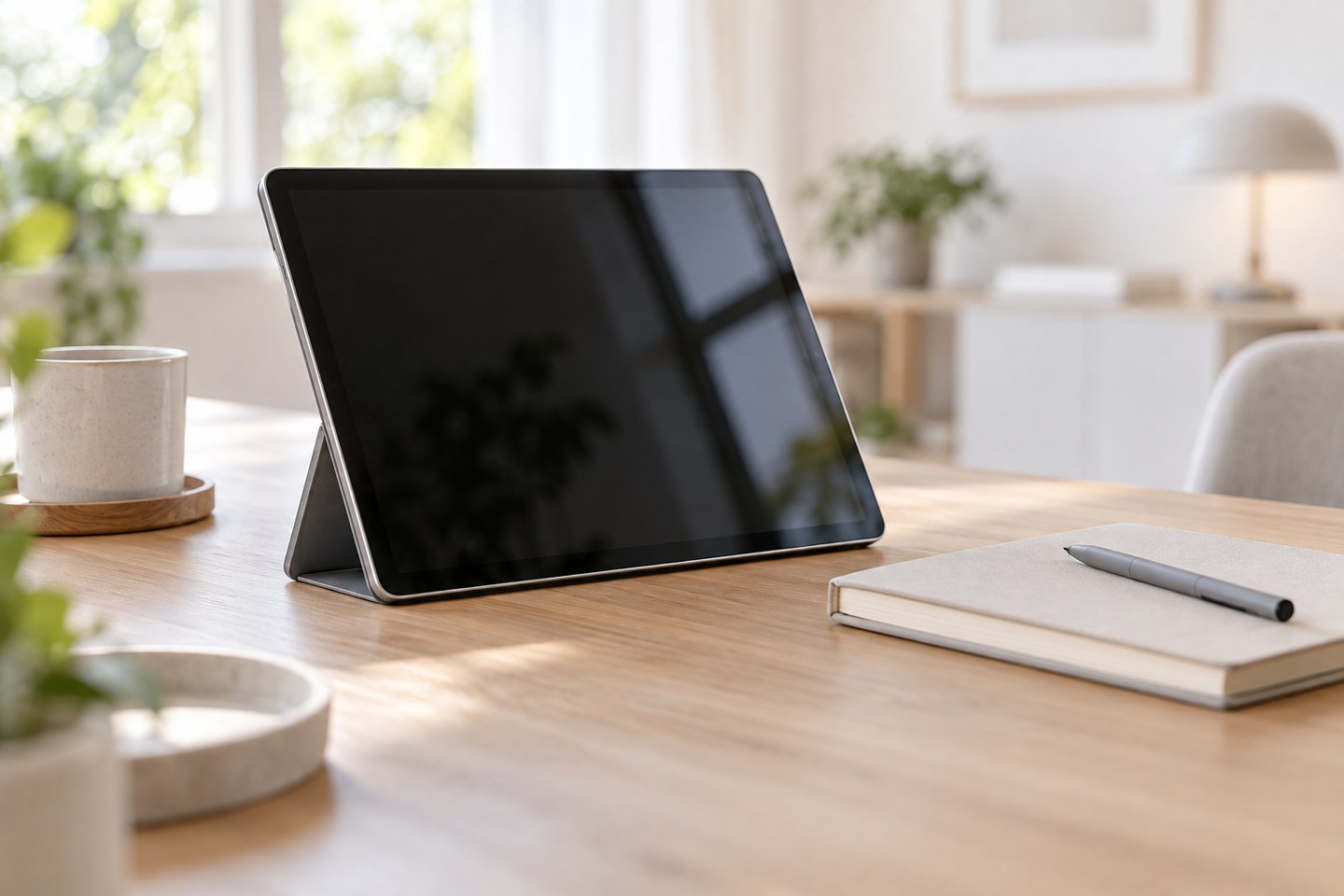 Tablette tactile posée en biais sur un support pliable, près d'un carnet et d'un stylo, sur un bureau en bois clair