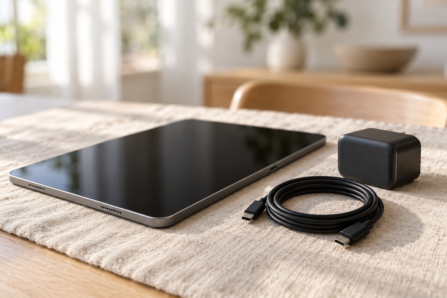 Tablette tactile vue de profil, câble de chargement enroulé et bloc secteur, sur une table en bois clair