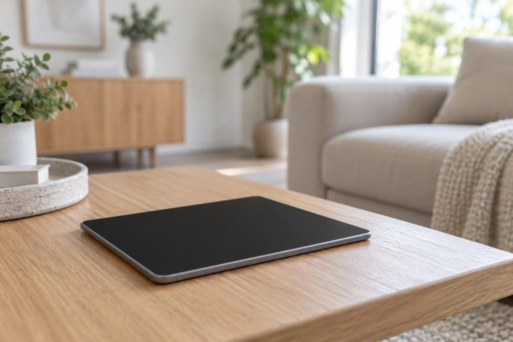 Tablette tactile écran éteint posée à plat sur une table basse en bois clair, dans un salon lumineux