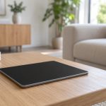 Tablette tactile écran éteint posée à plat sur une table basse en bois clair, dans un salon lumineux