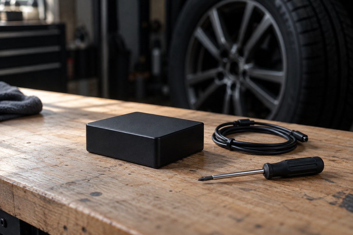 Boîtier de traceur GPS posé sur un établi de garage, à côté d'un tournevis et d'un câble enroulé