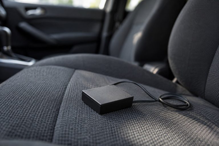 Petit boîtier électronique noir relié à un câble, posé sur la banquette avant d'une voiture